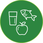 Icon containing a image of a glass of water, a fish, and an apple.