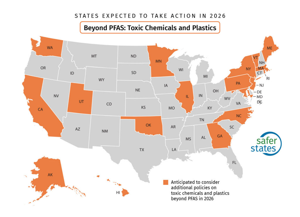 Map of the United States showing states in orange expected to take action on toxic chemicals and plastics beyond PFAS in 2026. Other states are shown in gray.