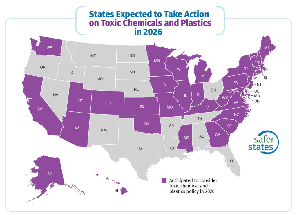 Map of the United States showing states in purple expected to take action on toxic chemicals and plastics in 2026.